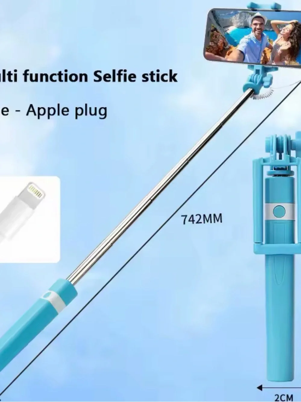 iPhone Blue Compact Selfie Stick with Wired Shutter